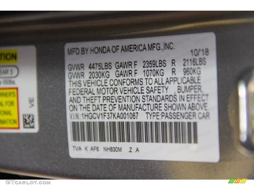 2019 Accord Color Code NH830M for Lunar Silver Metallic Photo #130562981