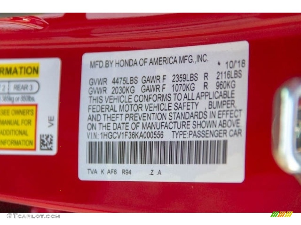 2019 Accord Color Code R94 for San Marino Red Photo #130563545