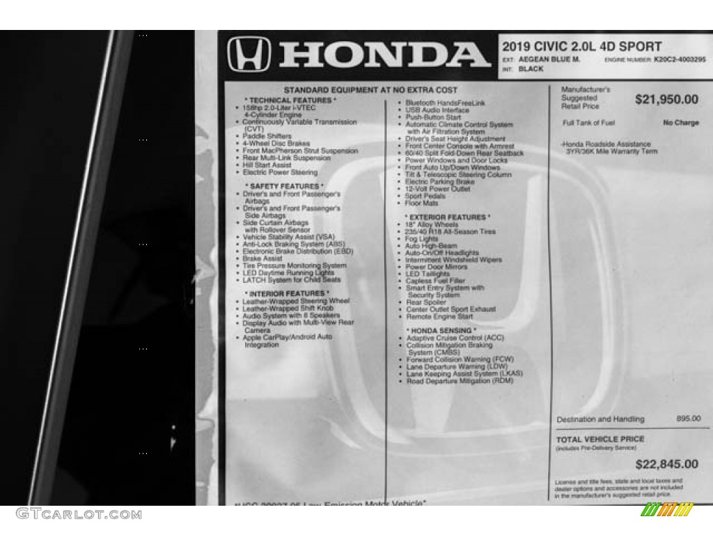 2019 Honda Civic Sport Sedan Window Sticker Photo #130596148