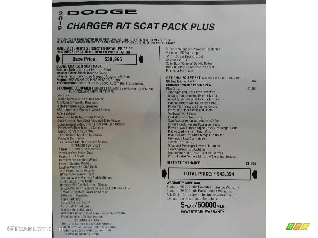 2019 Dodge Charger R/T Scat Pack Window Sticker Photo #130616307