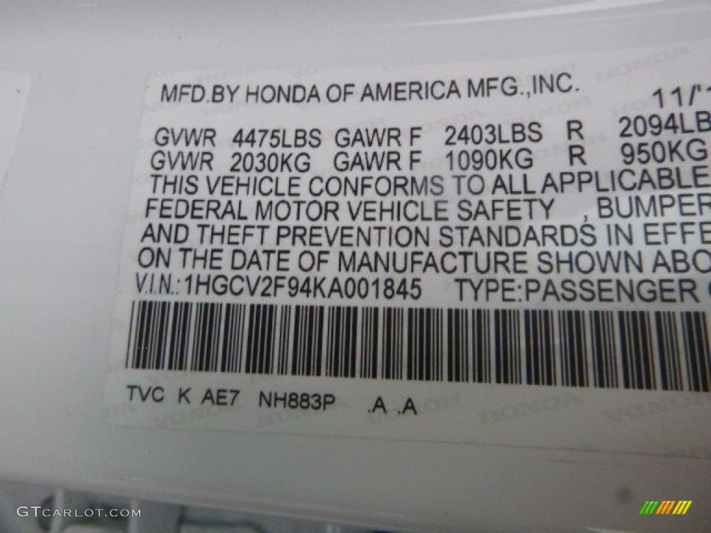2019 Accord Color Code NH883P for Platinum White Pearl Photo #130658894