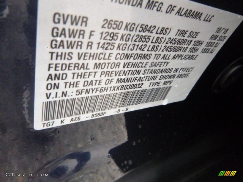 2019 Honda Pilot LX AWD Color Code Photos