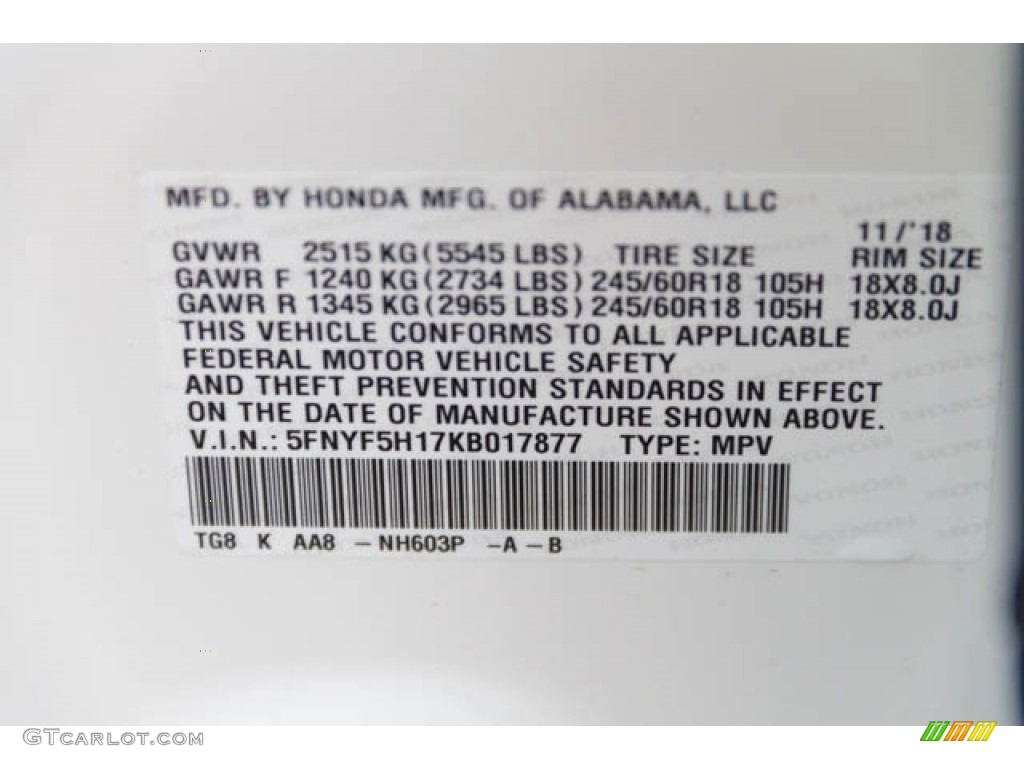 2019 Pilot Color Code NH603P for White Diamond Pearl Photo #130690861