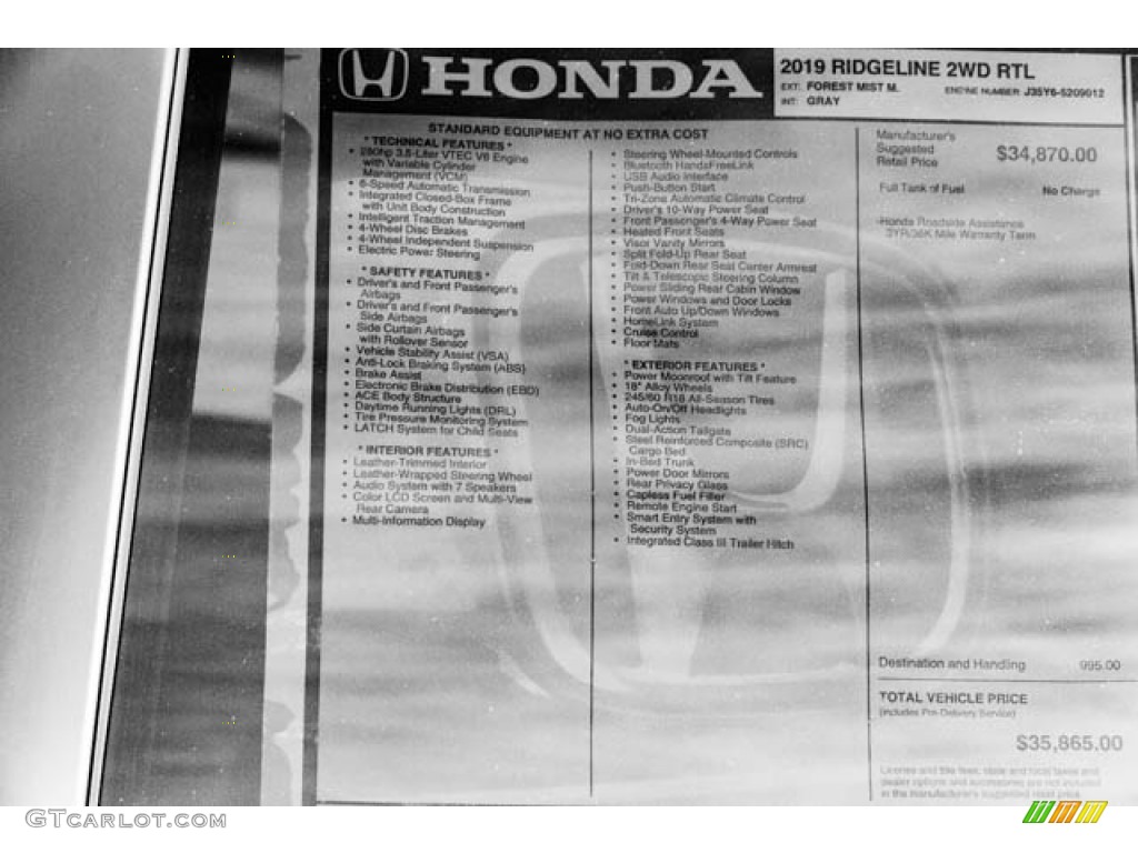 2019 Honda Ridgeline RTL Window Sticker Photo #130692187