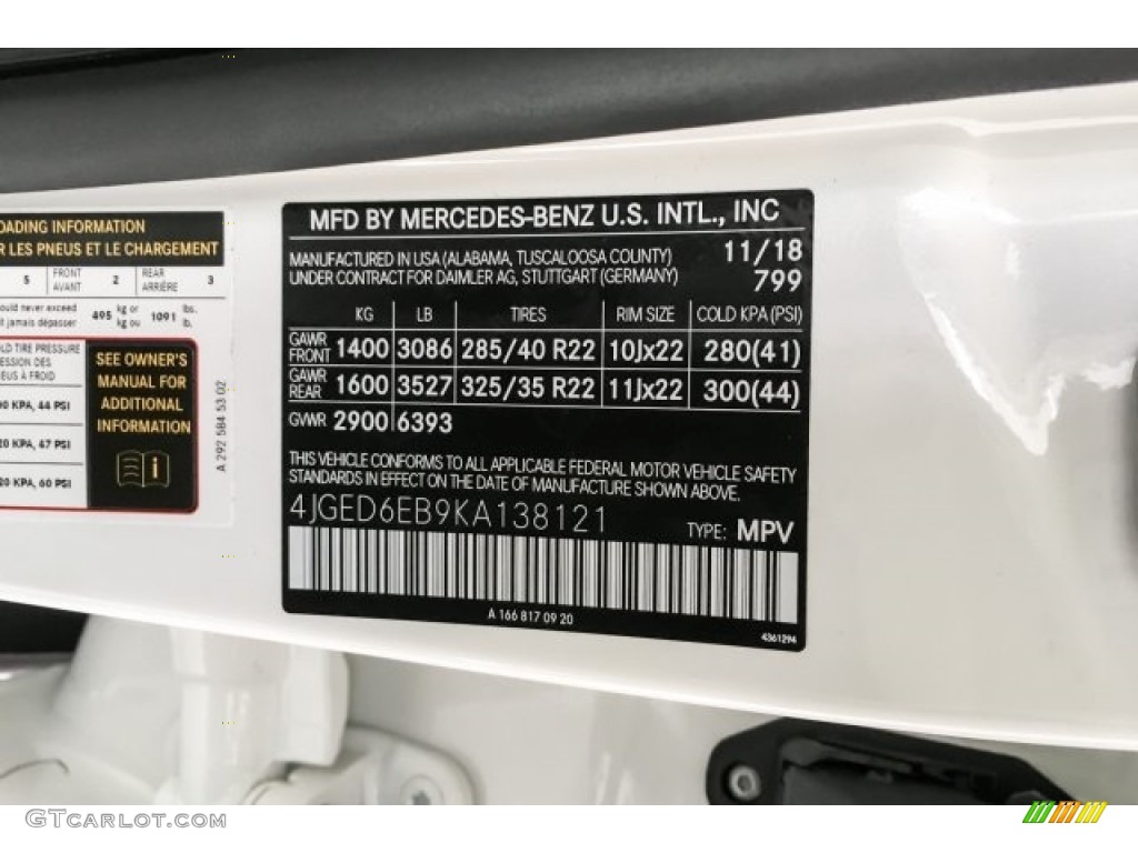 2019 GLE Color Code 799 for designo Diamond White Metallic Photo #130704487