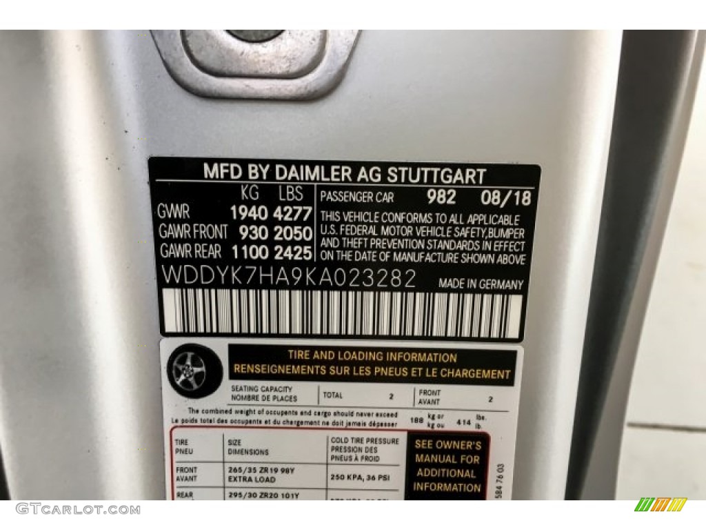 2019 AMG GT Color Code 982 for designo Iridium Silver Magno (Matte) Photo #130711430