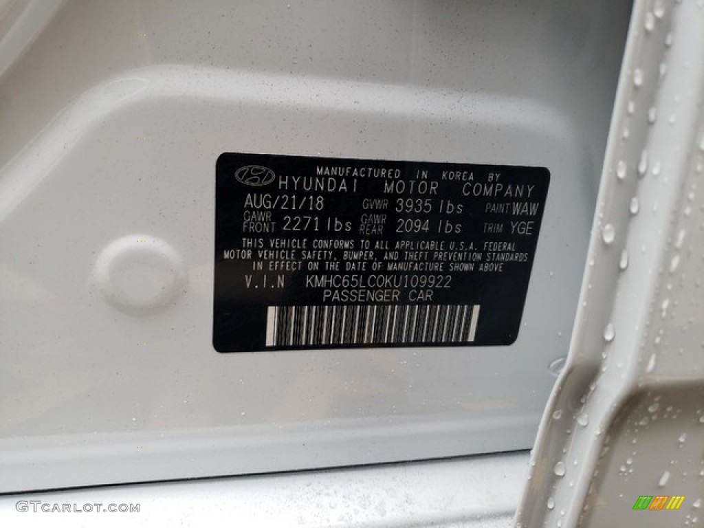 2019 Ioniq Hybrid Color Code WAW for Ceramic White Photo #130715975