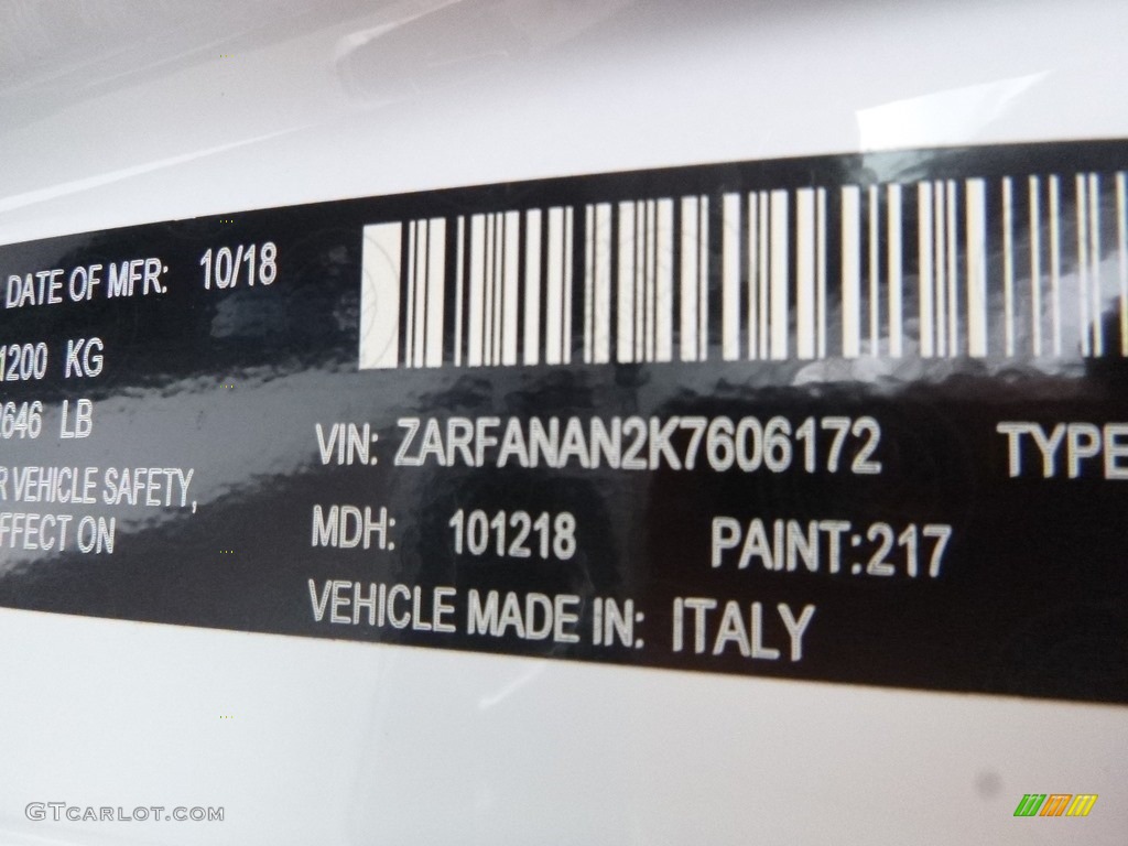 2019 Giulia Color Code 217 for Alfa White Photo #130731710