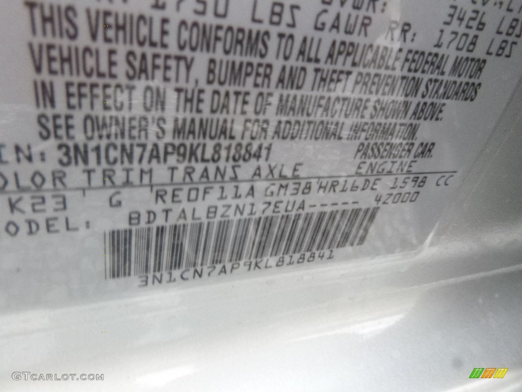 2019 Versa Color Code K23 for Brilliant Silver Metallic Photo #130746330