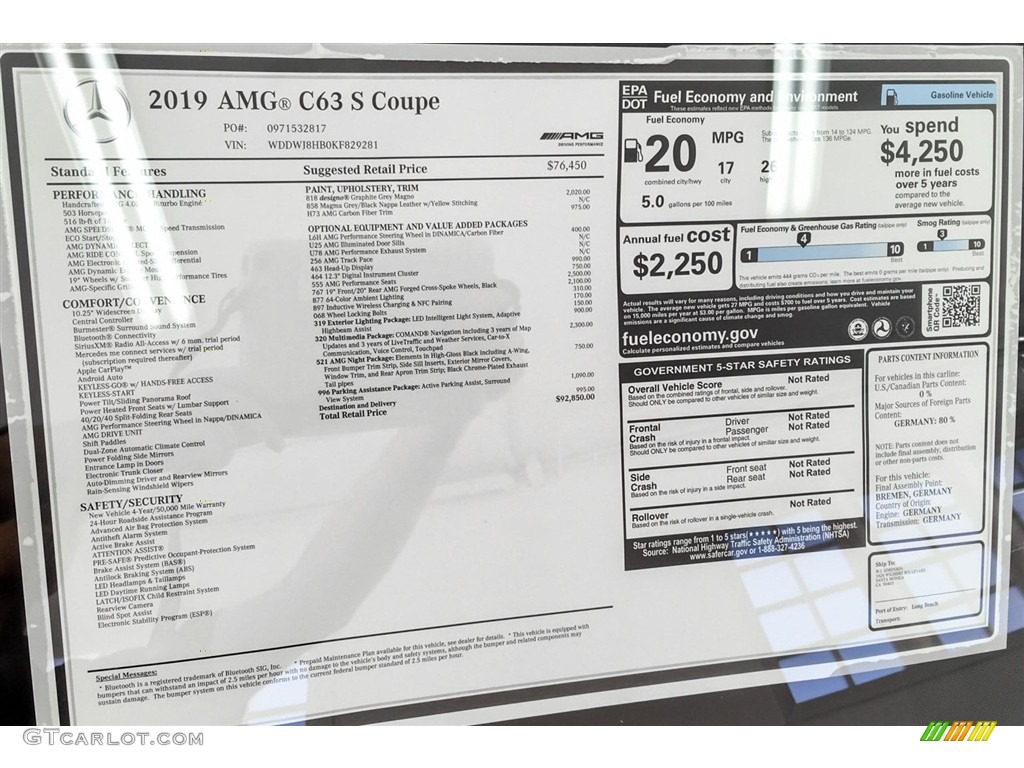 2019 Mercedes-Benz C AMG 63 S Coupe Window Sticker Photo #130747152