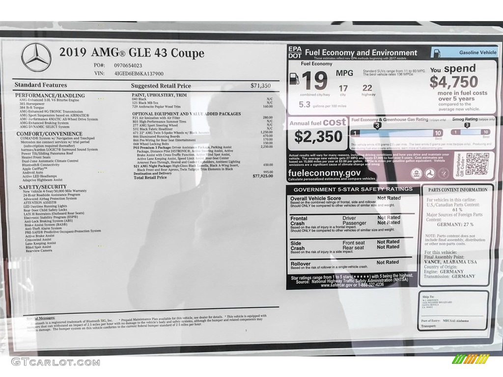 2019 Mercedes-Benz GLE 43 AMG 4Matic Coupe Window Sticker Photo #130748598