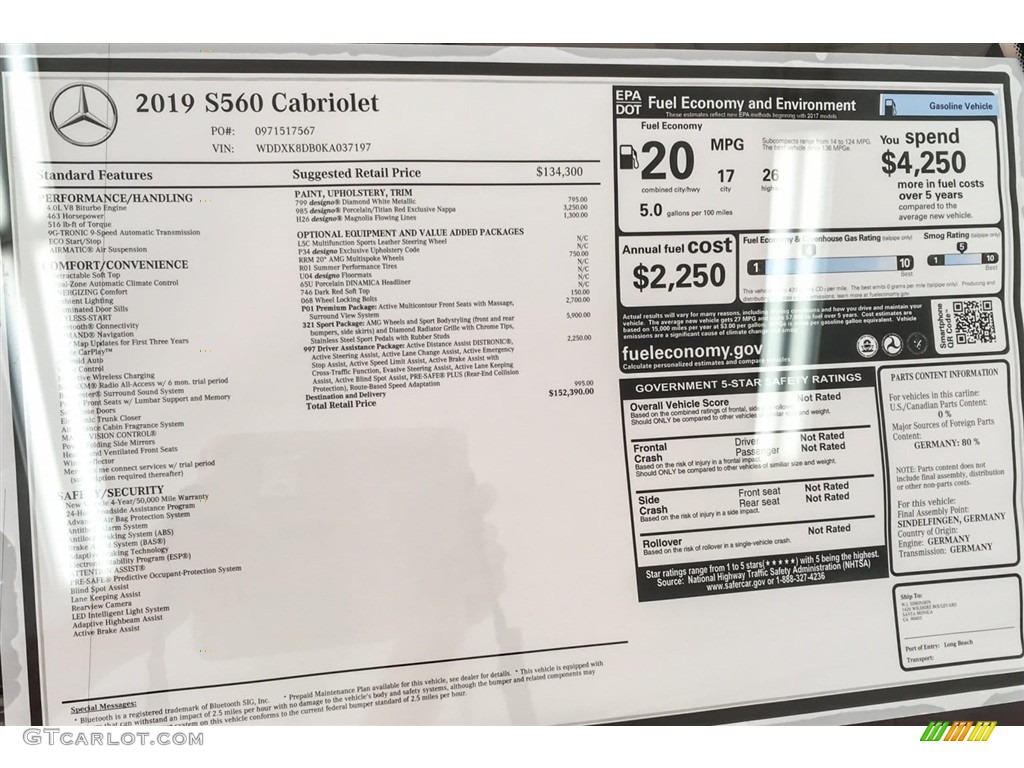 2019 Mercedes-Benz S S 560 Cabriolet Window Sticker Photo #130749261