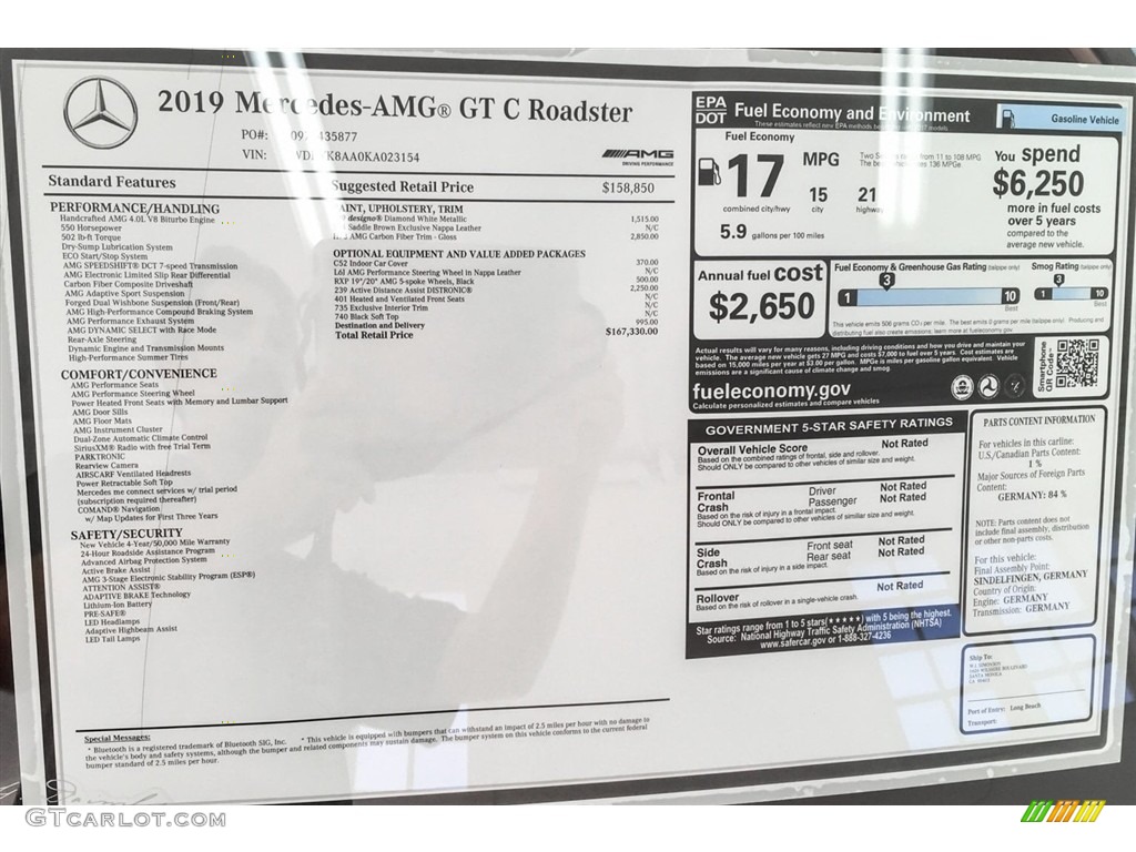 2019 Mercedes-Benz AMG GT C Roadster Window Sticker Photo #130750122