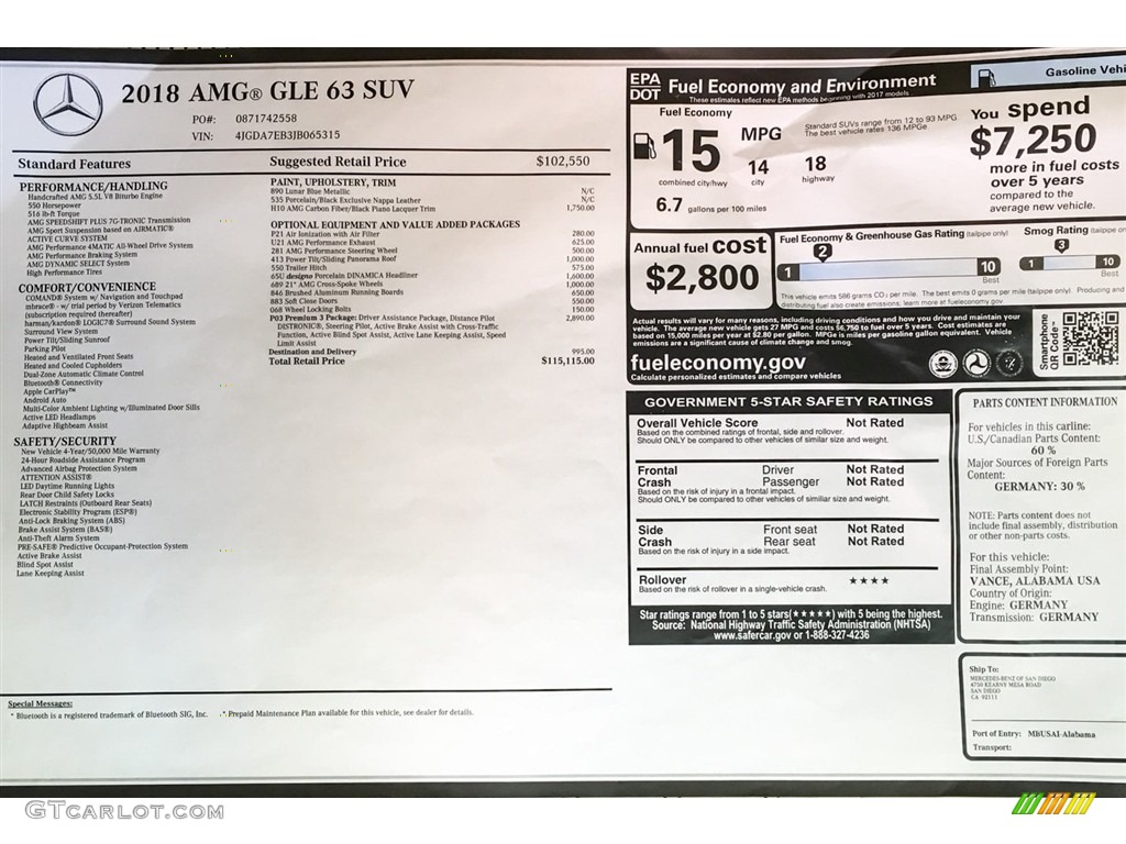 2018 Mercedes-Benz GLE 63 AMG 4Matic Window Sticker Photo #130750734