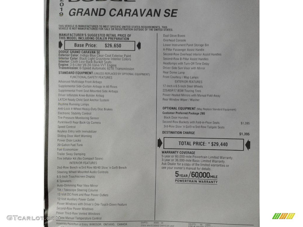 2019 Grand Caravan SE - Indigo Blue / Black/Light Graystone photo #33