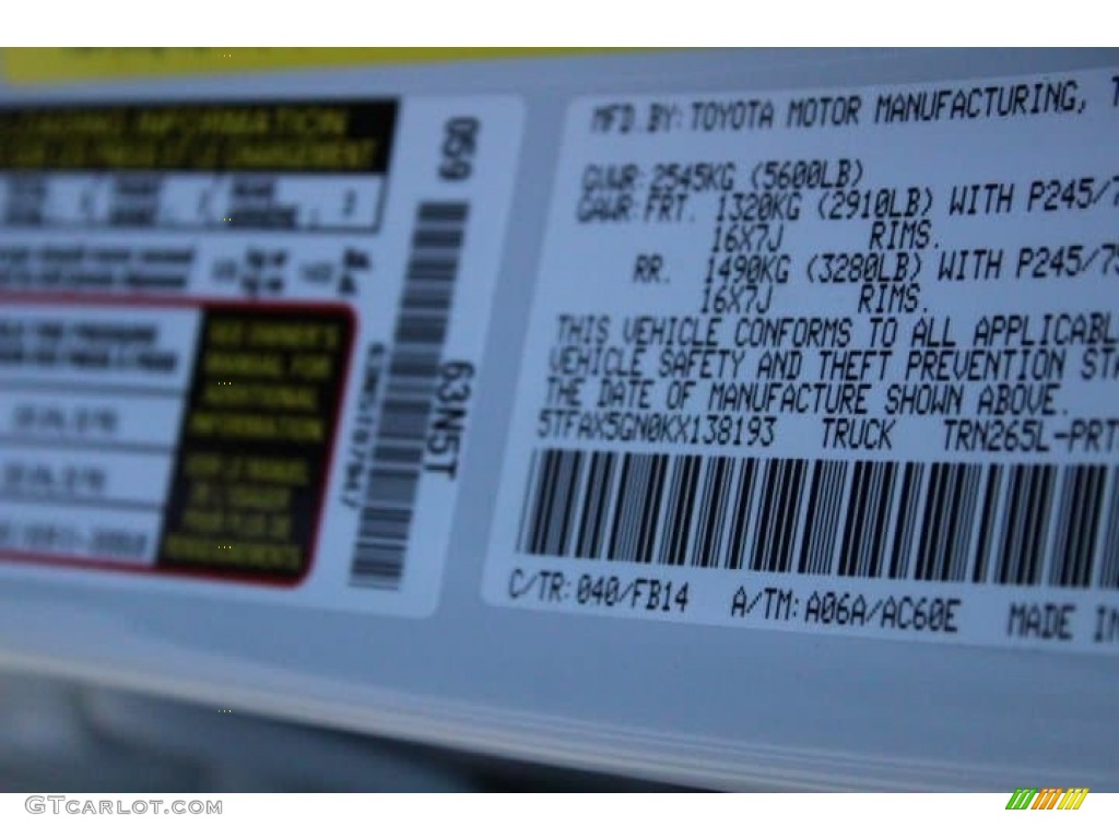 2019 Tacoma Color Code 040 for Super White Photo #130762593