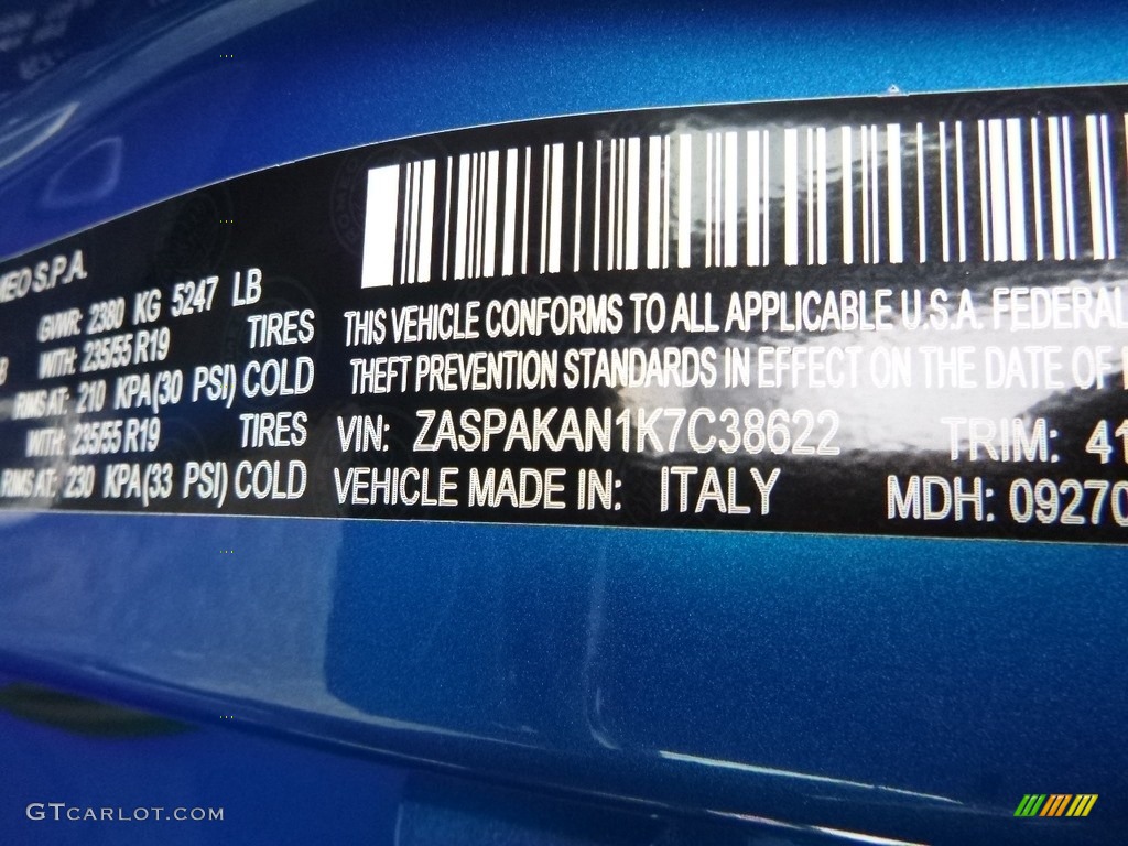 2019 Stelvio AWD - Misano Blue Metallic / Black photo #20