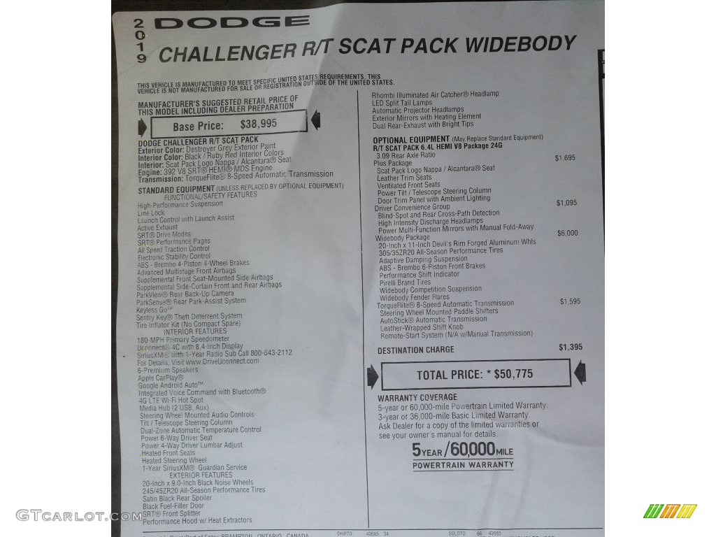 2019 Dodge Challenger R/T Scat Pack Widebody Window Sticker Photo #130801716