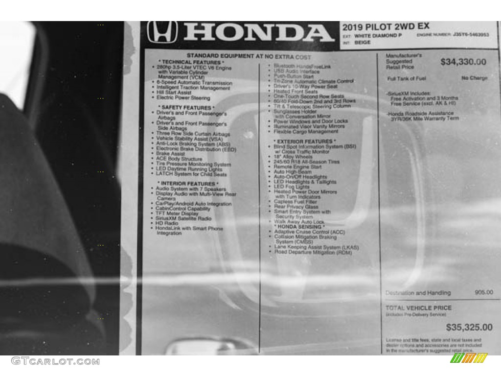 2019 Honda Pilot EX Window Sticker Photos