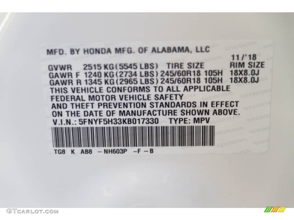 2019 Pilot Color Code NH603P for White Diamond Pearl Photo #130812060