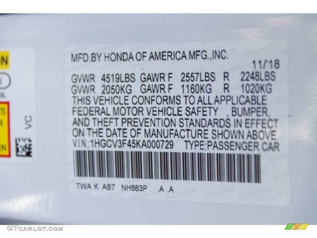 2019 Accord Color Code NH883P for Platinum White Pearl Photo #130813599