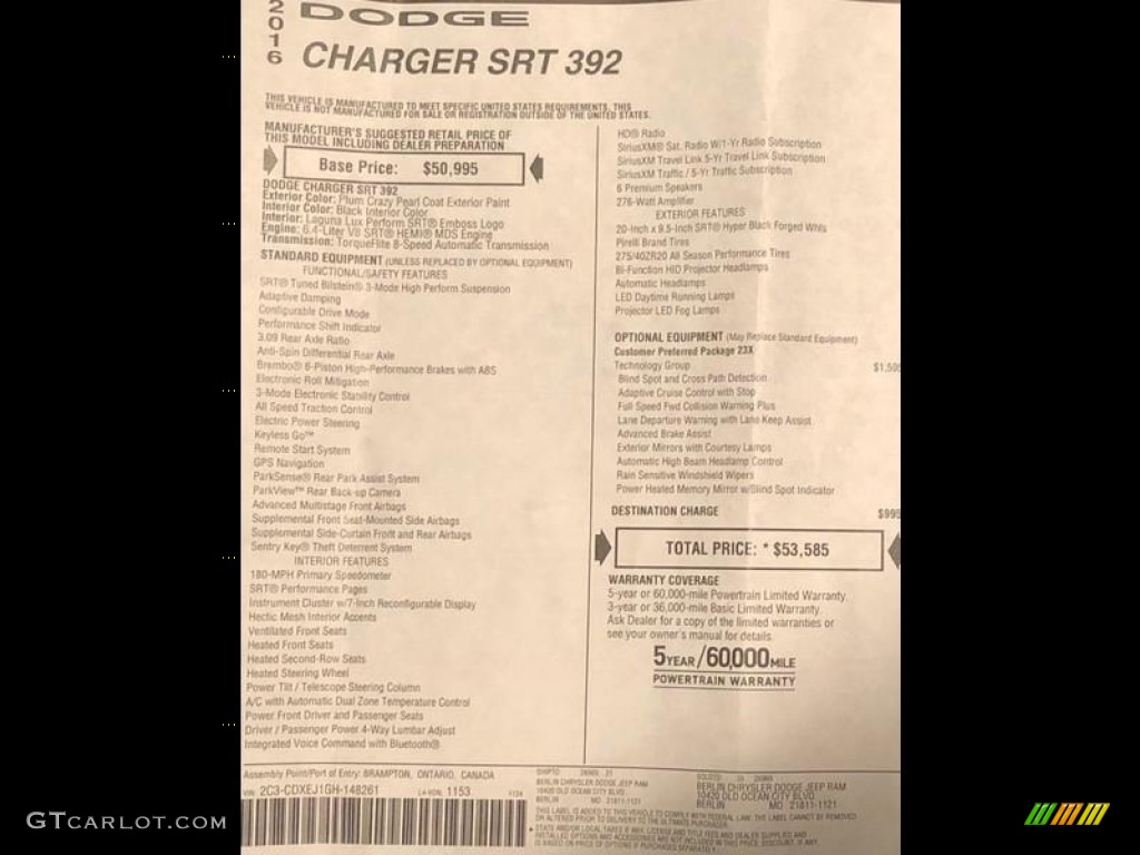 2016 Dodge Charger SRT 392 Window Sticker Photo #130828295