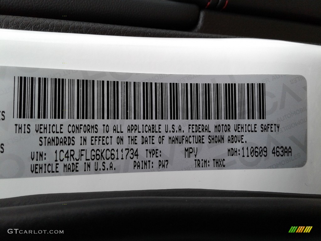 2019 Grand Cherokee Color Code PW7 for Bright White Photo #130832583