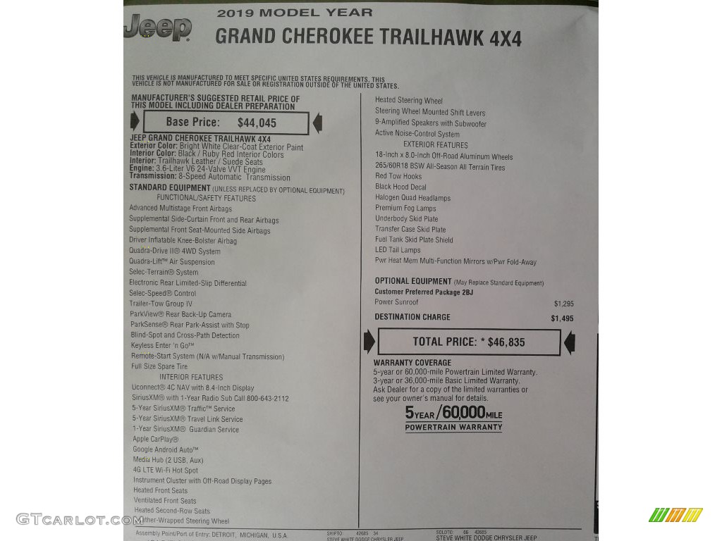2019 Jeep Grand Cherokee Trailhawk 4x4 Window Sticker Photo #130832601