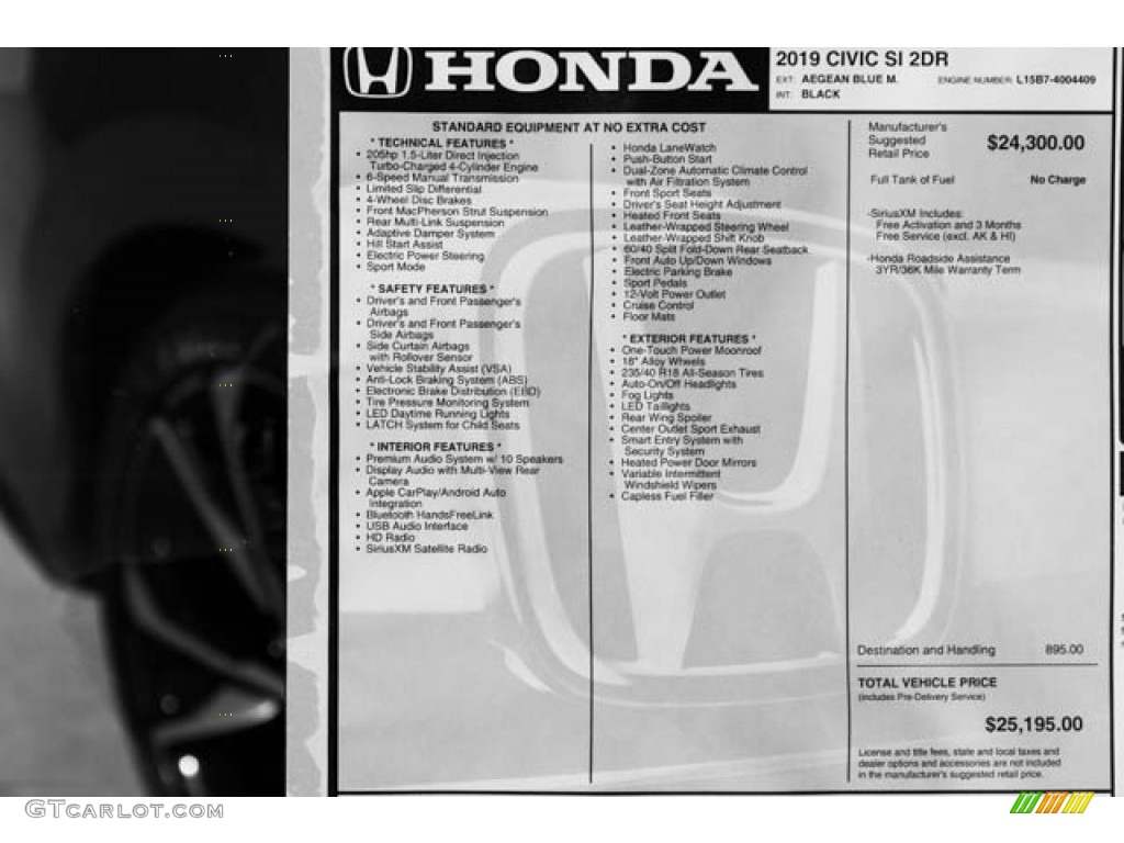 2019 Honda Civic Si Coupe Window Sticker Photo #130835907