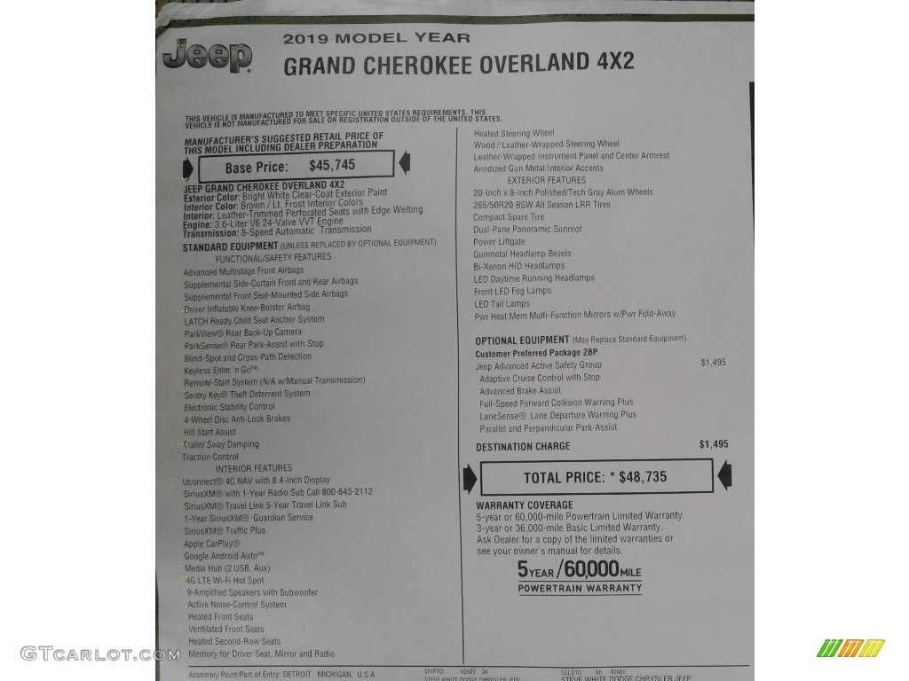 2019 Jeep Grand Cherokee Overland Window Sticker Photo #130840464