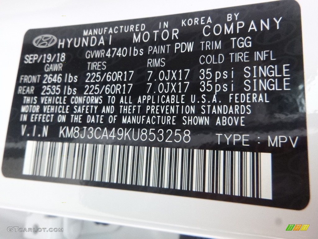 2019 Tucson Color Code PDW for Winter White Photo #130851897