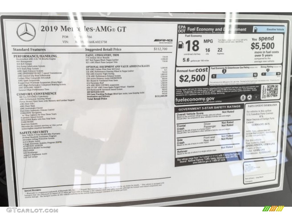 2019 Mercedes-Benz AMG GT Coupe Window Sticker Photo #130872476
