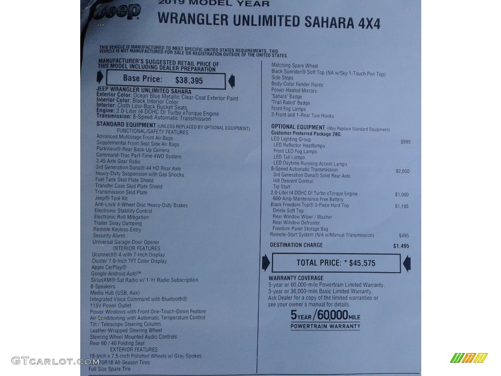 2019 Jeep Wrangler Unlimited Sahara 4x4 Window Sticker Photo #130878303