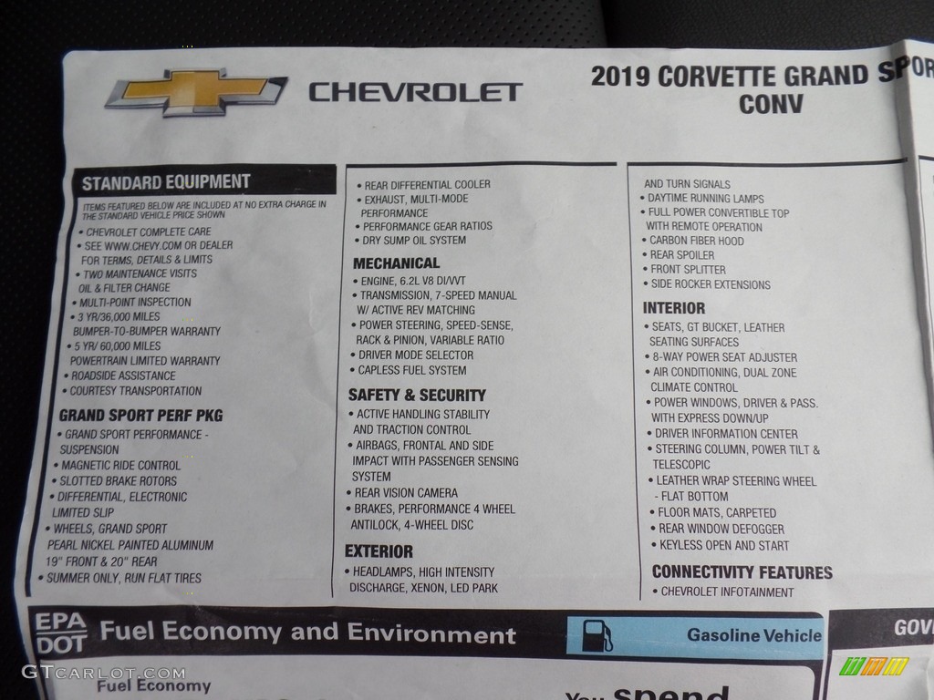 2019 Chevrolet Corvette Grand Sport Convertible Window Sticker Photo #130914592