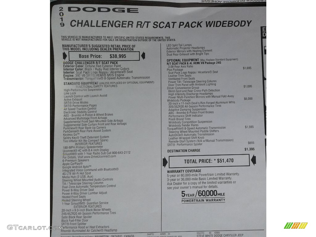 2019 Dodge Challenger R/T Scat Pack Widebody Window Sticker Photo #130914610