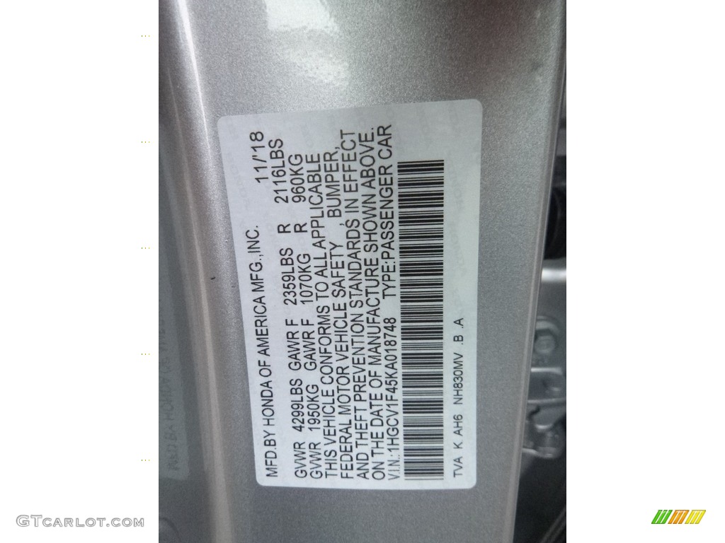 2019 Accord Color Code NH830MV for Lunar Silver Metallic Photo #130925770