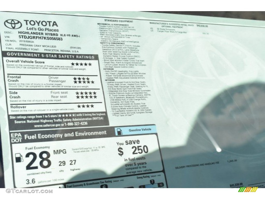 2019 Toyota Highlander Hybrid XLE AWD Window Sticker Photos