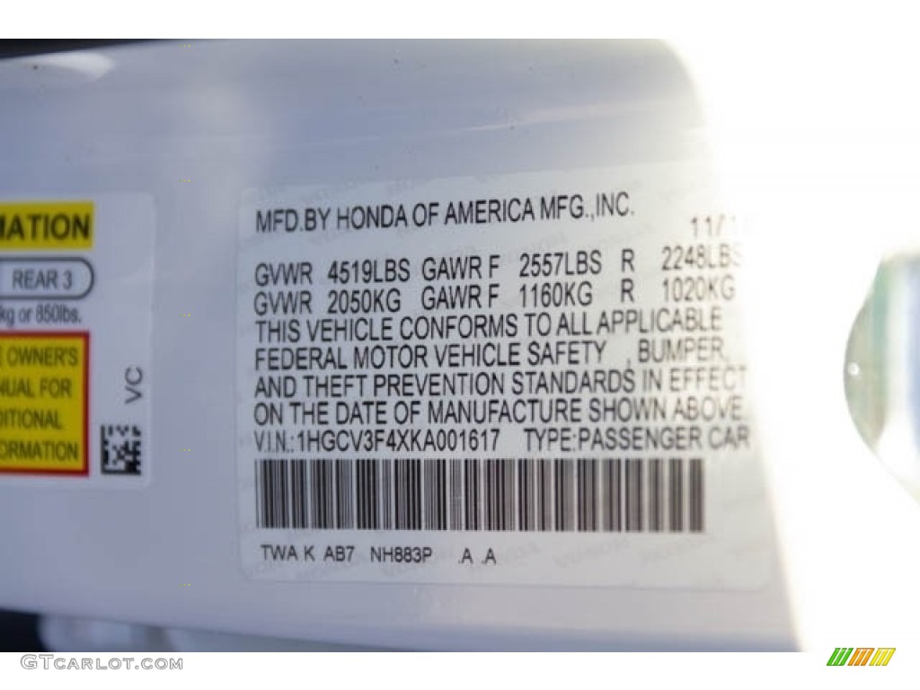 2019 Accord Color Code NH883P for Platinum White Pearl Photo #130950040