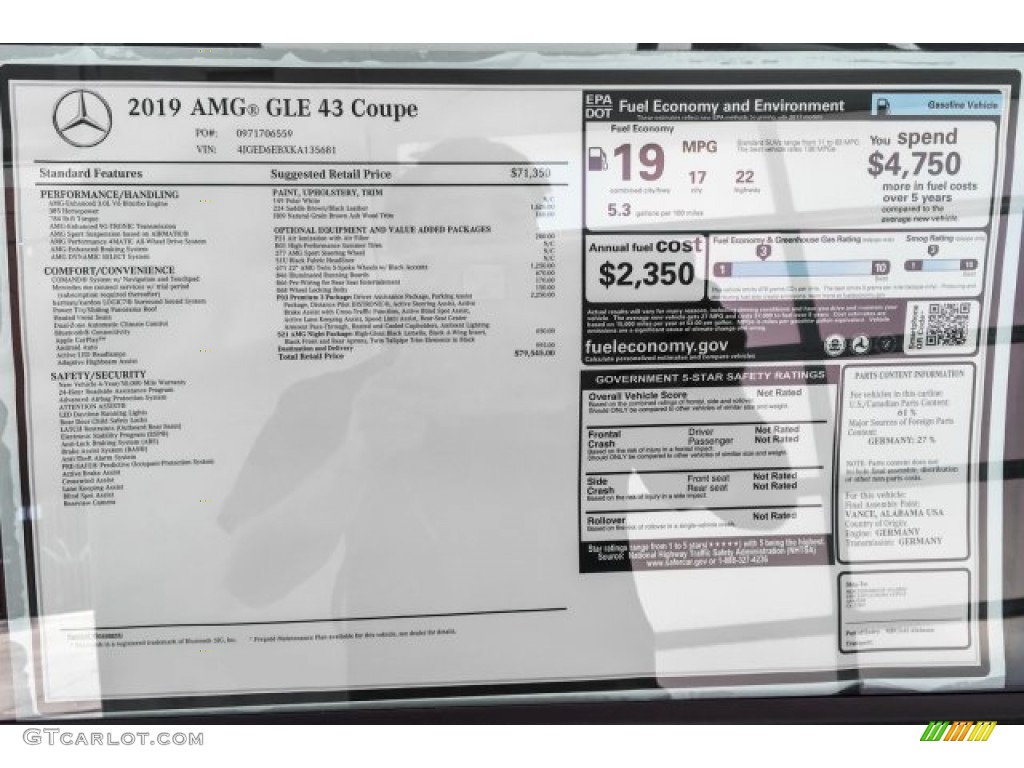 2019 Mercedes-Benz GLE 43 AMG 4Matic Coupe Window Sticker Photo #130956054