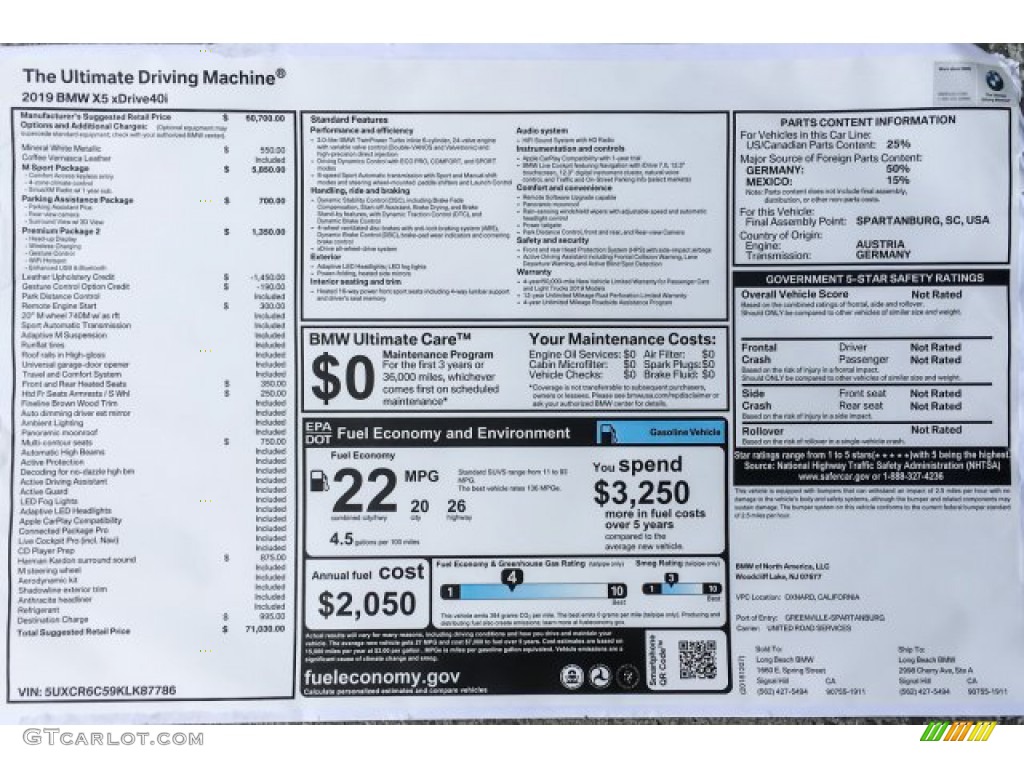 2019 BMW X5 xDrive40i Window Sticker Photo #130993976