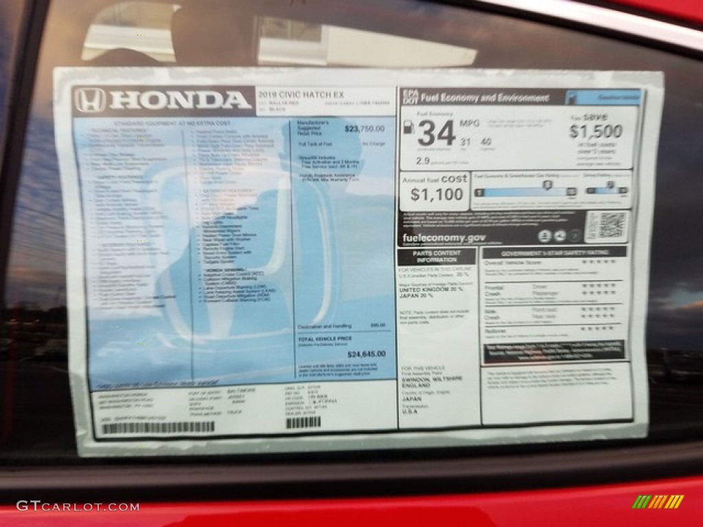 2019 Honda Civic EX Hatchback Window Sticker Photo #130994102