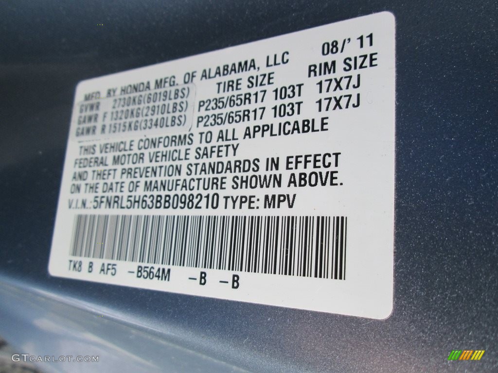 2011 Odyssey EX-L - Celestial Blue Metallic / Gray photo #32