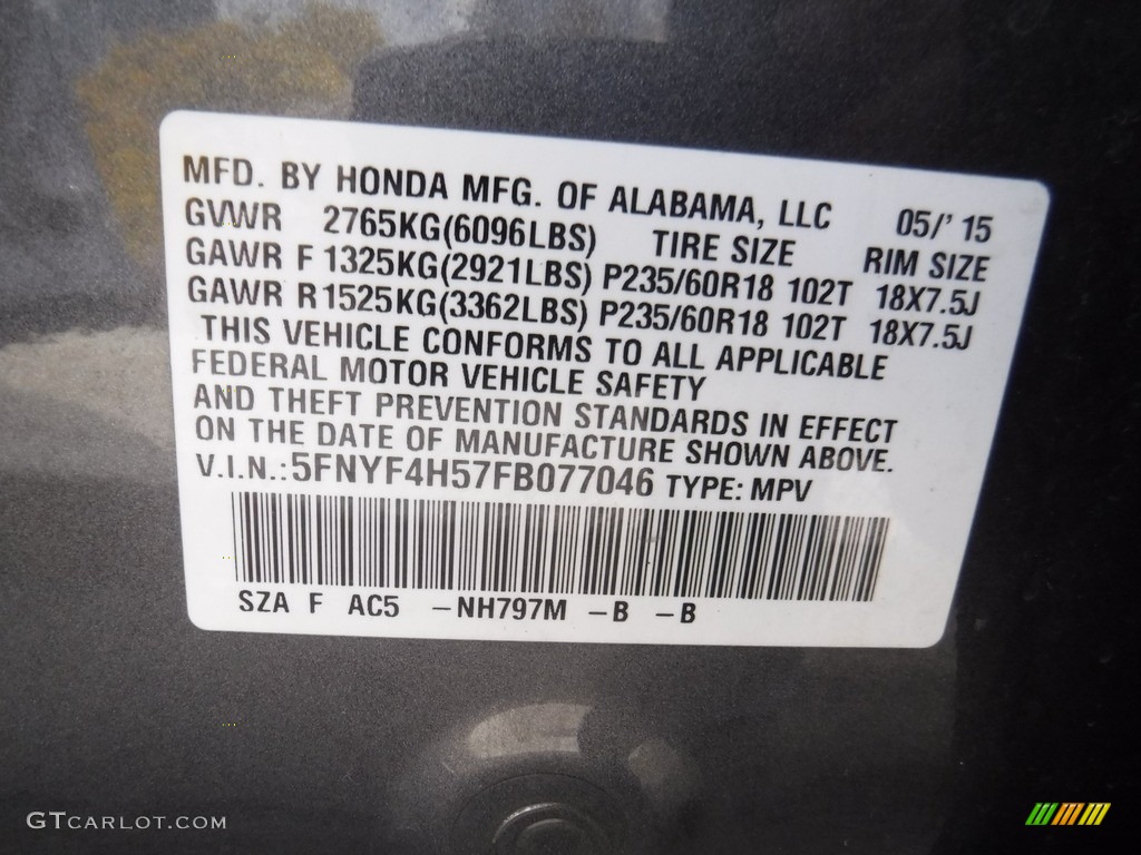 2015 Pilot EX-L 4WD - Modern Steel Metallic / Gray photo #27