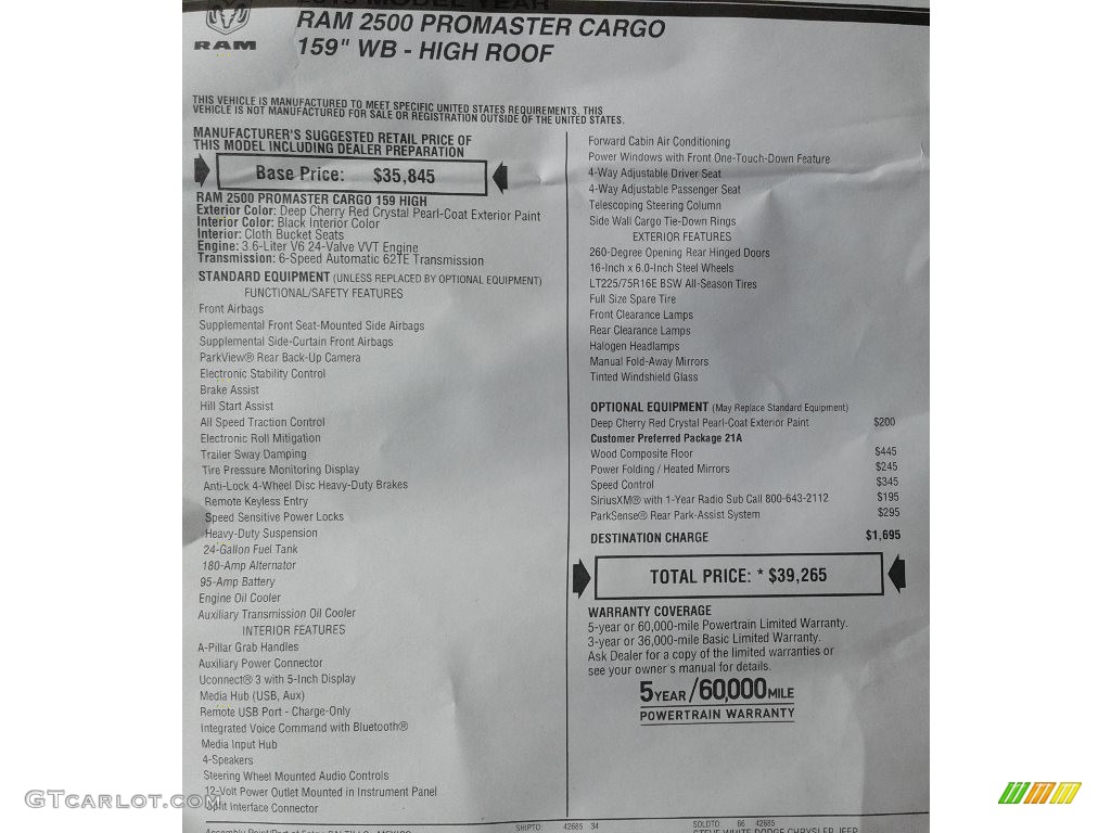 2019 Ram ProMaster 2500 High Roof Cargo Van Window Sticker Photos