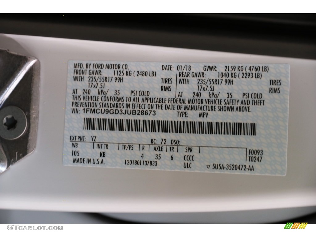 2018 Escape SE 4WD - Oxford White / Charcoal Black photo #22