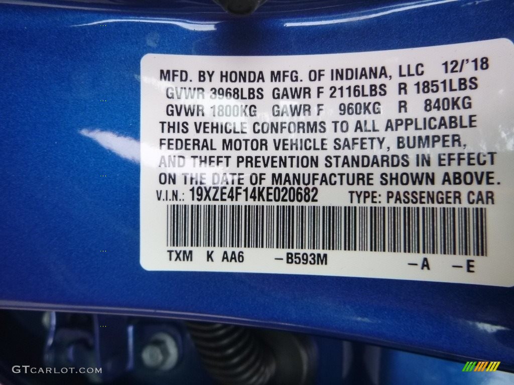 2019 Insight Color Code B593M for Aegean Blue Metallic Photo #131060621