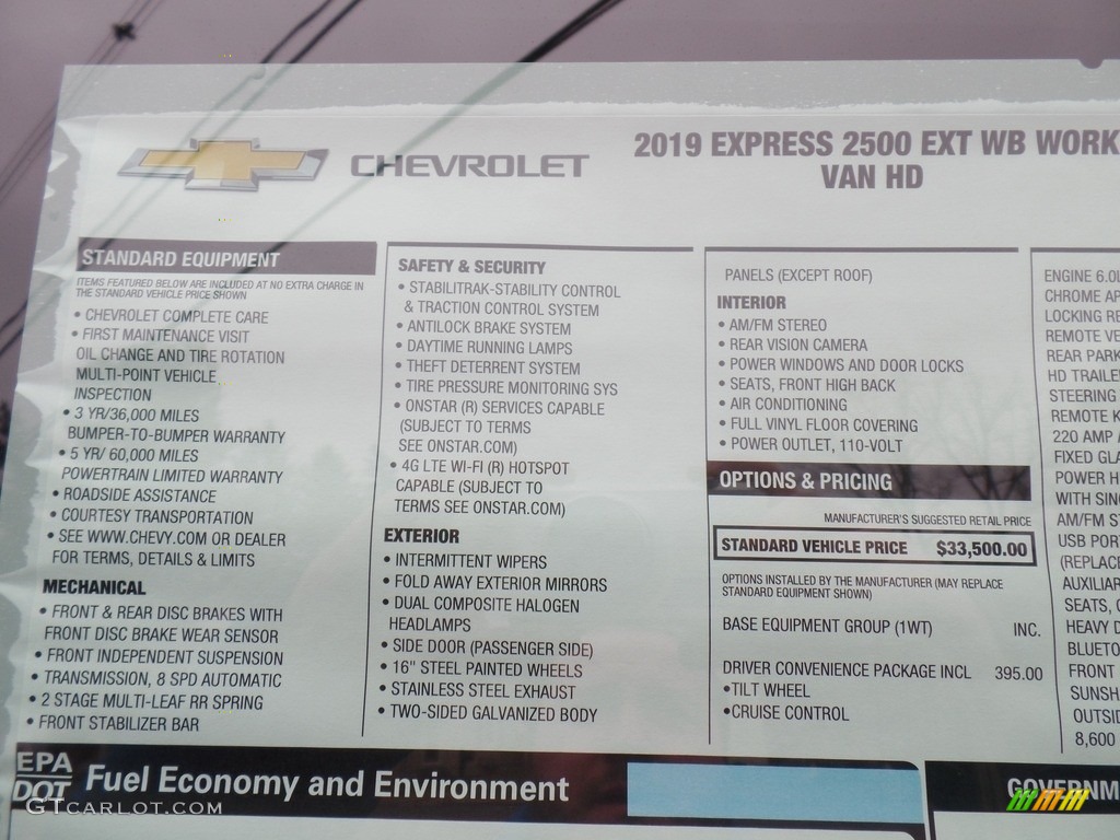 2019 Chevrolet Express 2500 Cargo Extended WT Window Sticker Photo #131065115
