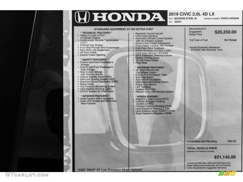 2019 Honda Civic LX Sedan Window Sticker Photo #131067581