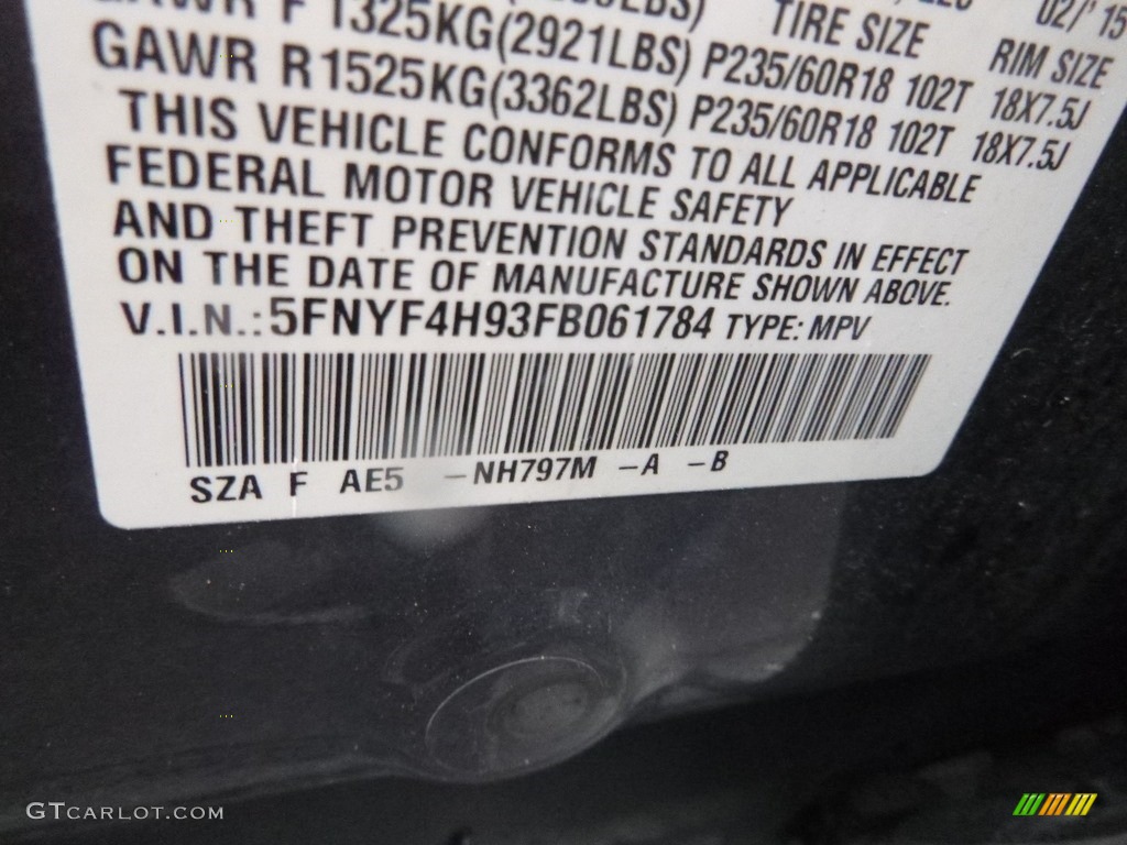 2015 Pilot Touring 4WD - Modern Steel Metallic / Black photo #14