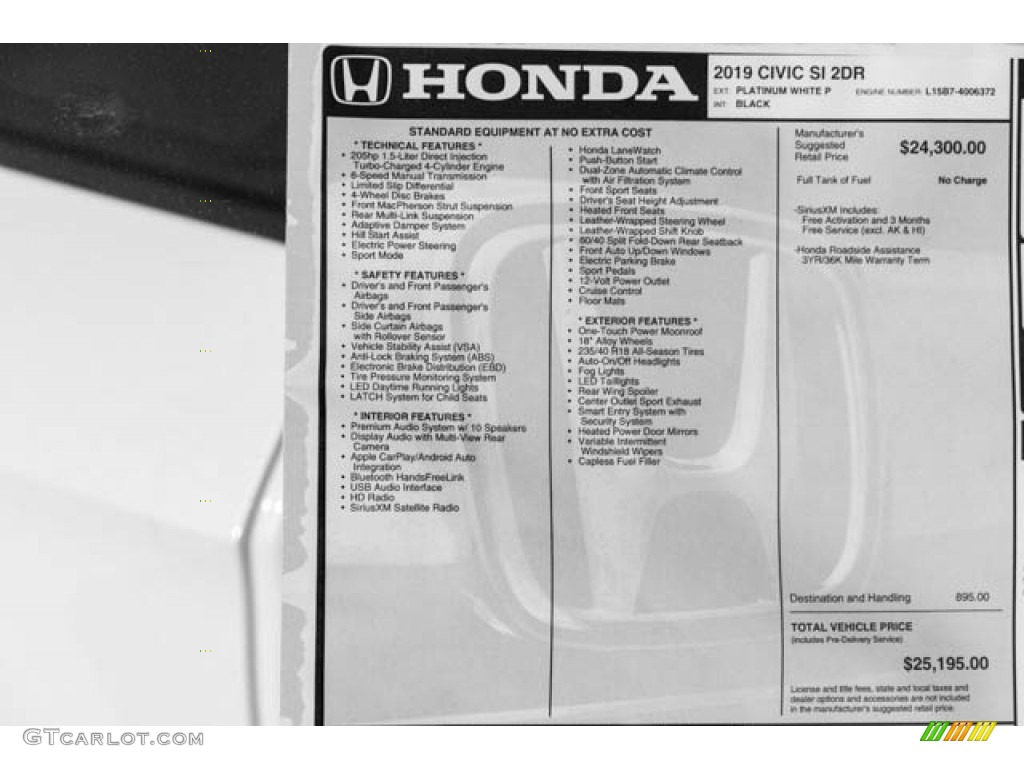 2019 Honda Civic Si Coupe Window Sticker Photo #131110368